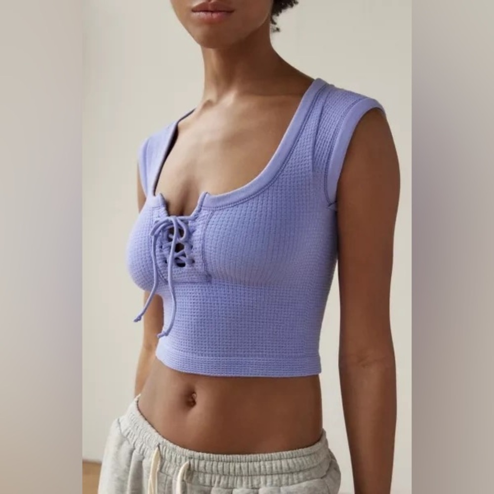 Urban Outfitters Out from Under Waffle Knit Lace Up Crop Periwinkle Blue Top M/L